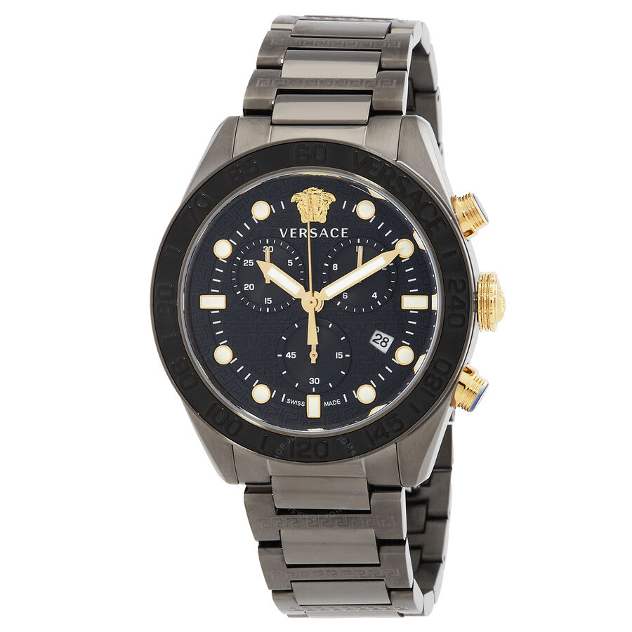Versace Greca Dome Chronograph watch with black dial, gold Medusa head, gold hour markers, and gold chronograph pushers on gunmetal steel case