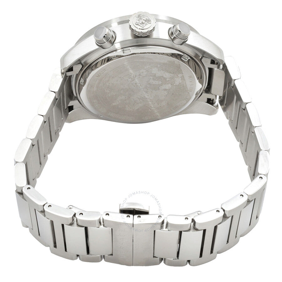 Versace Greca Dome watch caseback showing stainless steel case and link bracelet details