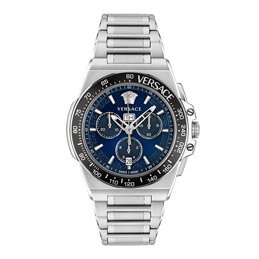 Versace Greca Extreme Chronograph with blue dial, chronograph subdials, and stainless steel bracelet