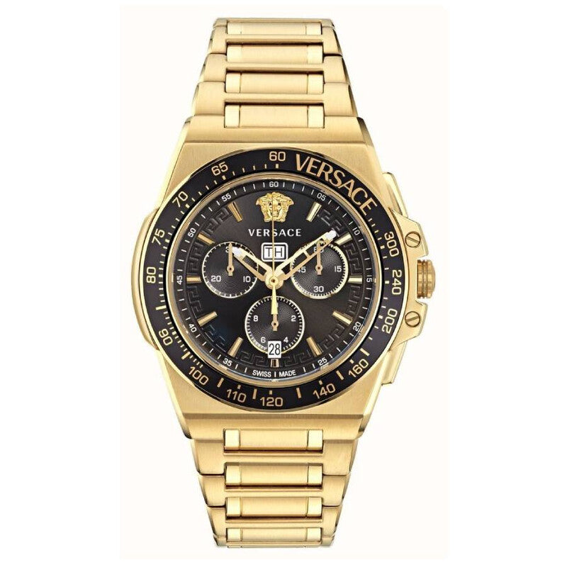 Versace Greca Extreme chronograph watch with black dial and gold-tone stainless steel bracelet