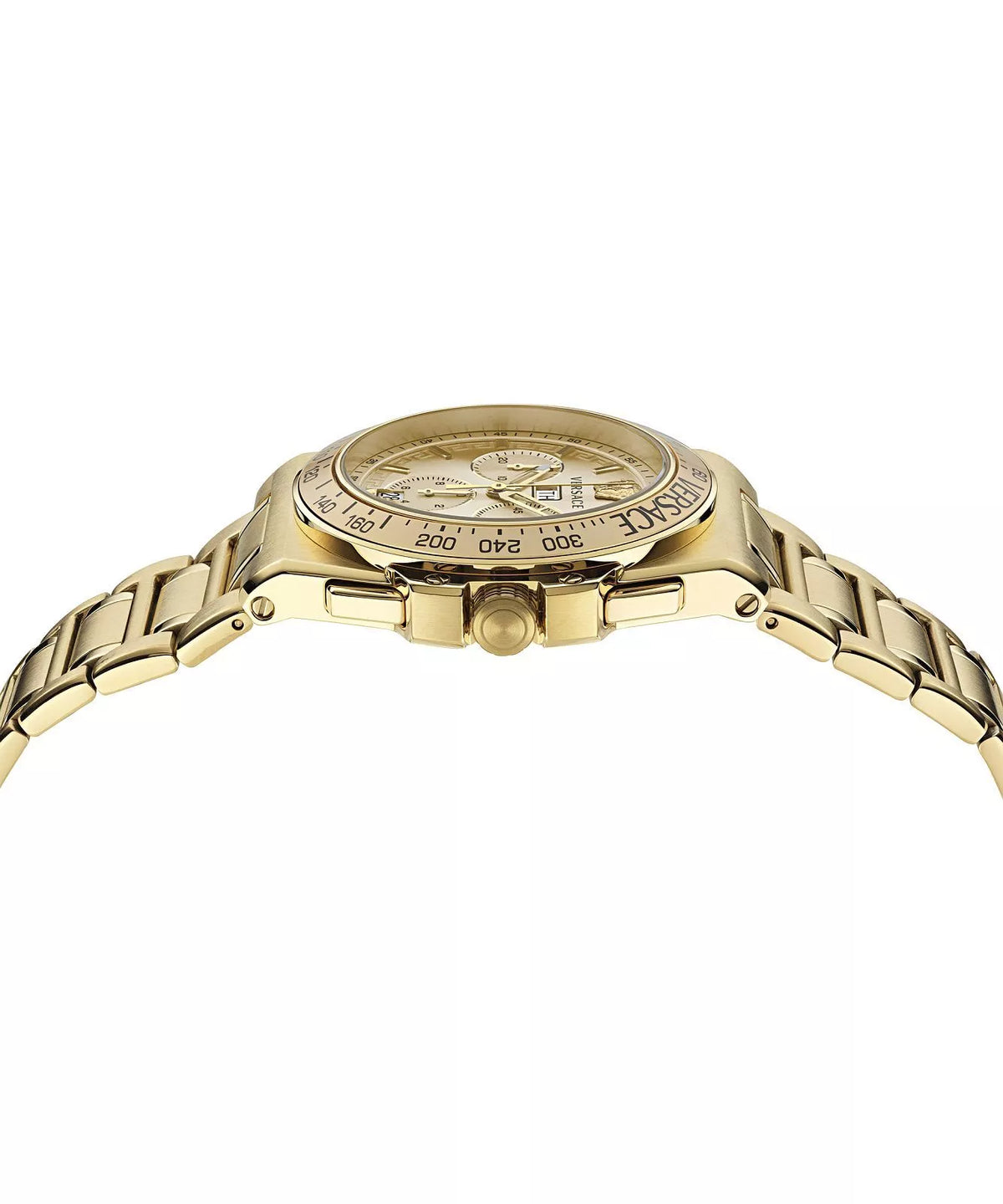 Side angle view of Versace Greca Extreme gold chronograph watch with bracelet