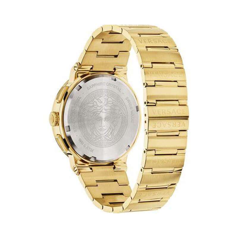 Versace Greca gold watch caseback showing Medusa medallion and engraved details