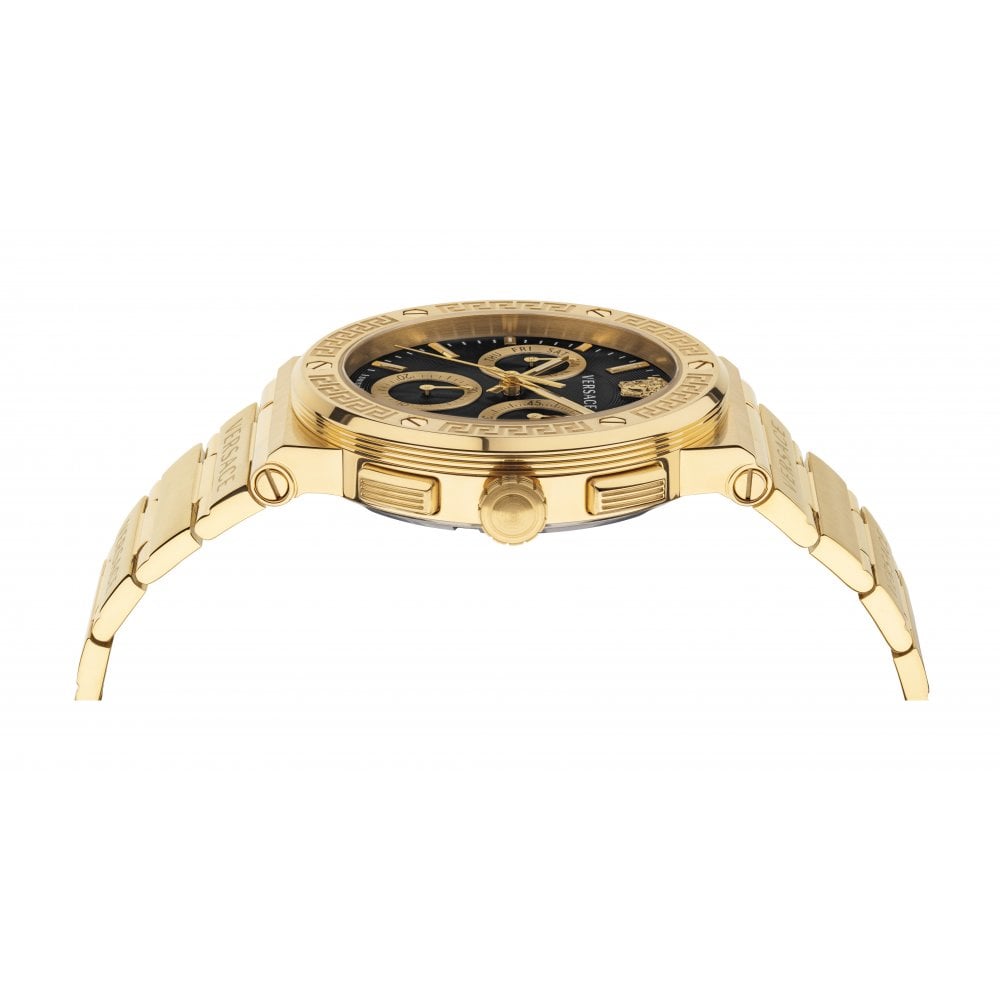 Versace Greca gold watch angled view showing chronograph subdials on black dial