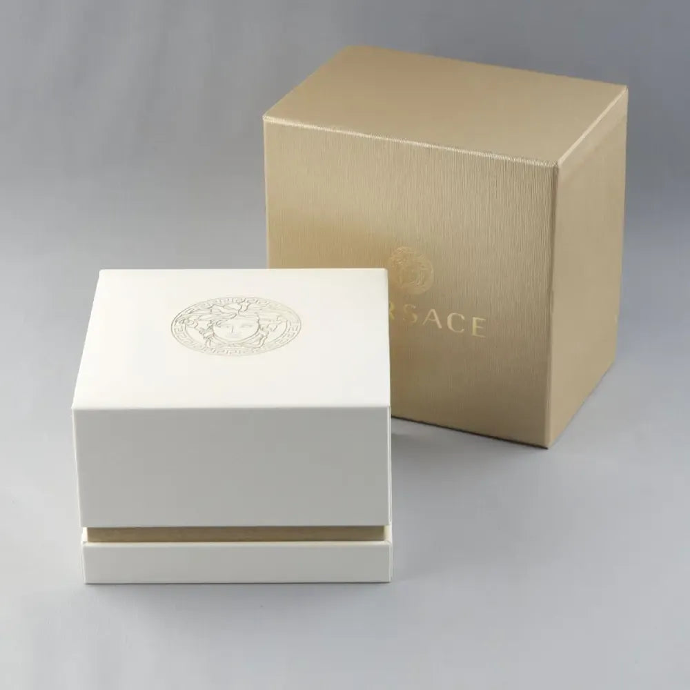 Versace watch packaging including white presentation box with Medusa logo and gold outer box