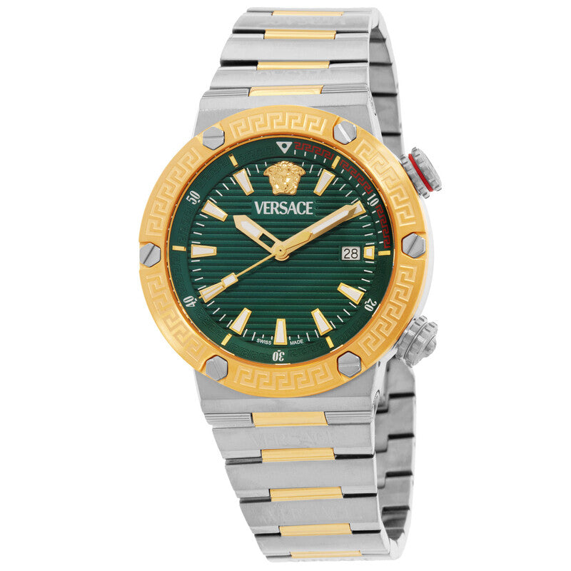 Versace watch with green face and gold accents on a white background