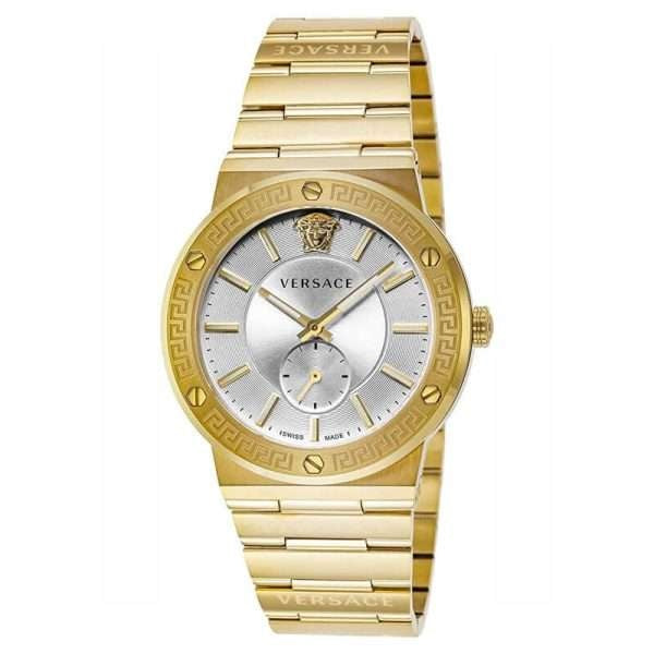 Versace Greca Logo watch three-quarter view showing gold bracelet and silver dial