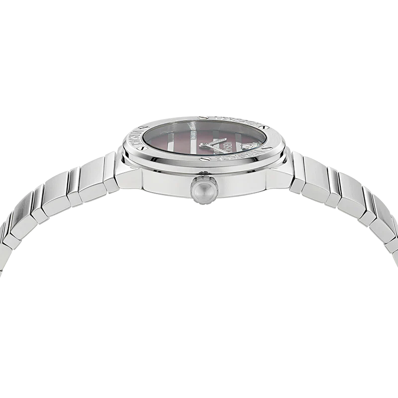 Versace Greca Logo watch angle view displaying burgundy mother of pearl dial and silver steel case
