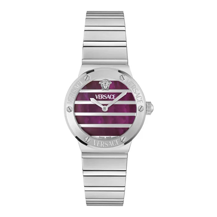 Versace Greca Logo Pearl Burgundy Mother of Pearl Dial Silver Women's Watch VE0S00125