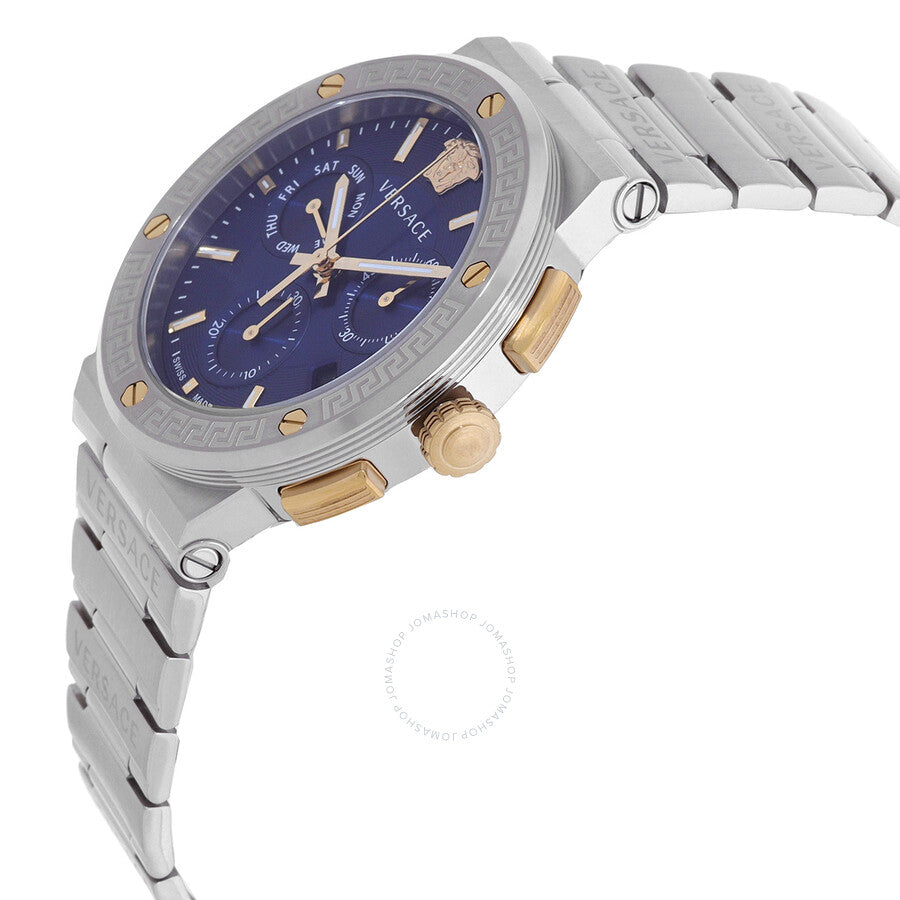 Versace Greca Logo chronograph watch at angle showing blue dial and two-tone bezel