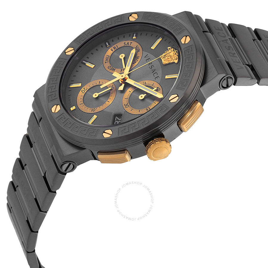Angled view of Versace Greca Logo chronograph showing grey dial with three gold subdials and gold chronograph pushers