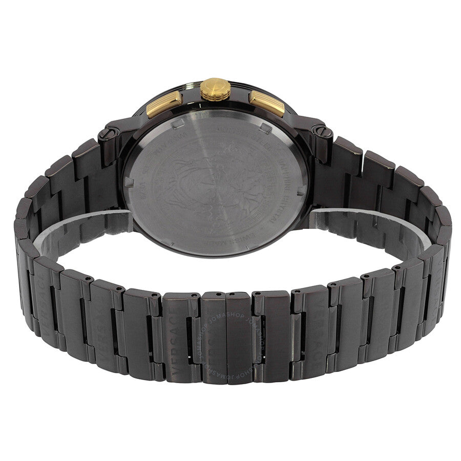 Caseback view of Versace Greca Logo chronograph showing solid grey case back and black bracelet