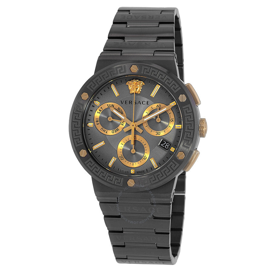 Versace Greca Logo chronograph quartz watch with grey dial, gold accents, and black stainless steel bracelet