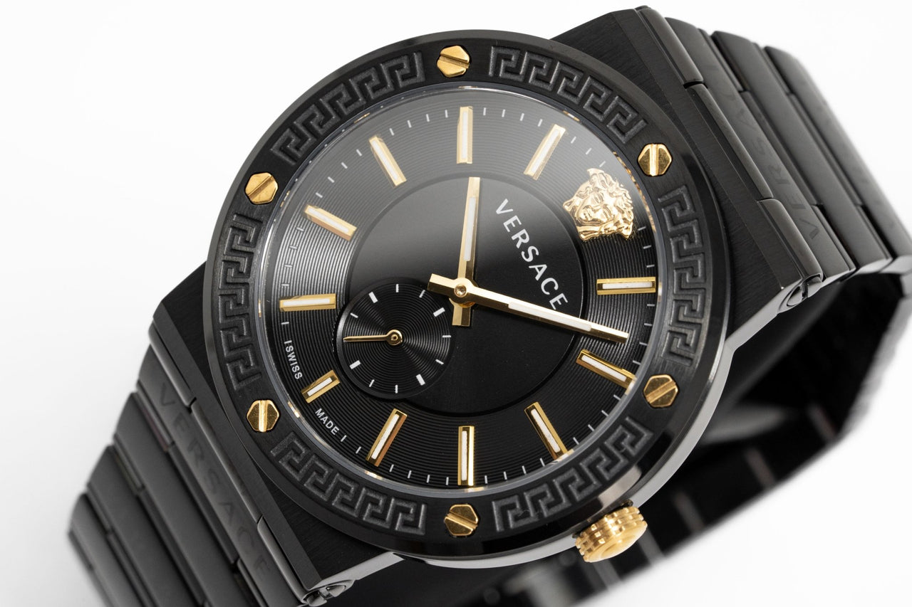Versace Greca Logo-VI watch angled view showing black dial with subdial and Greca bezel