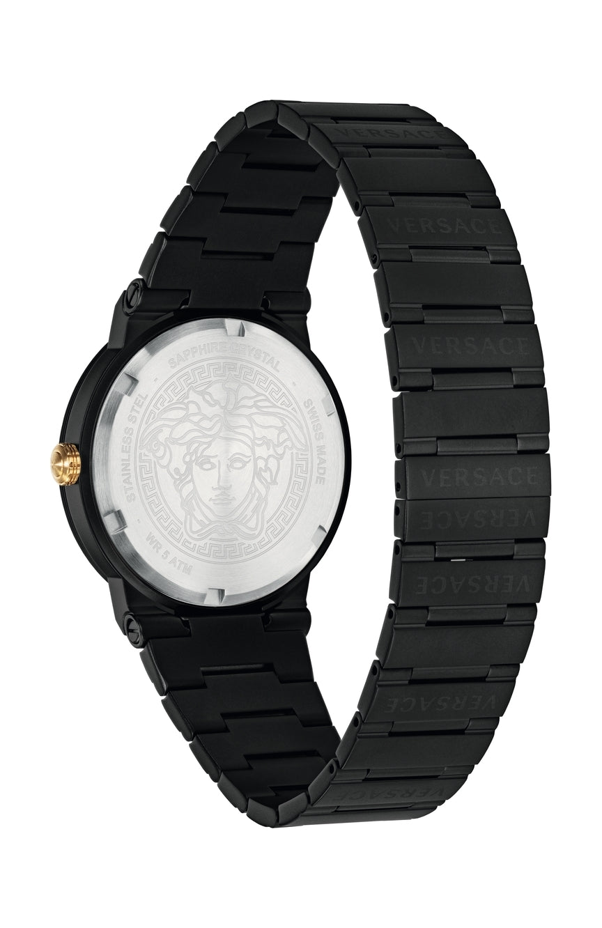 Versace Greca Logo-VI watch caseback with Medusa head logo and black stainless steel bracelet