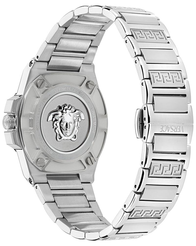 Versace Greca Reaction Lady watch caseback showing Medusa emblem on stainless steel