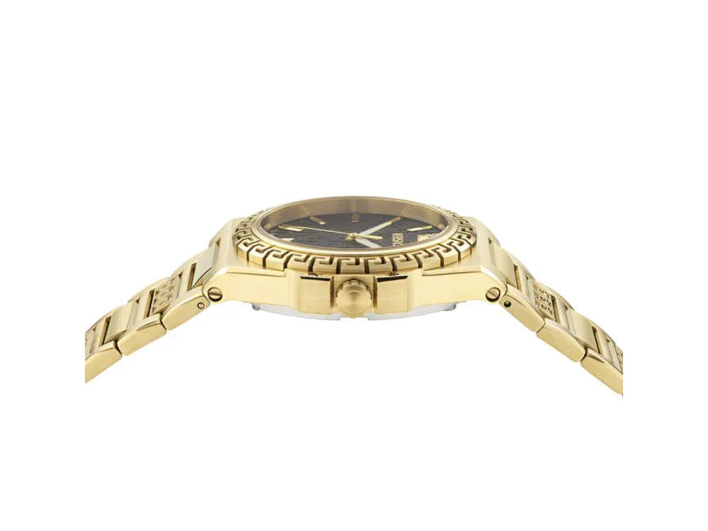 Side view of Versace Greca Reaction Lady watch showing gold-tone case profile and bracelet