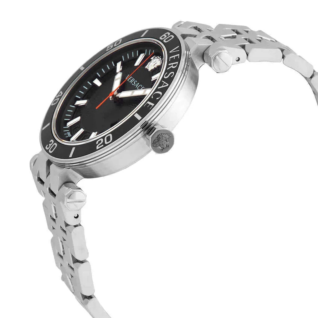 Versace Greca Sport side angle showing black dial and steel strap with rotating bezel