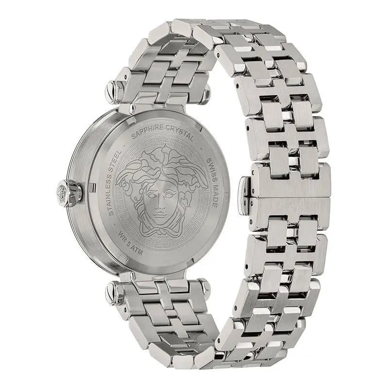 Versace Greca Sport caseback showing Medusa medallion and sapphire crystal