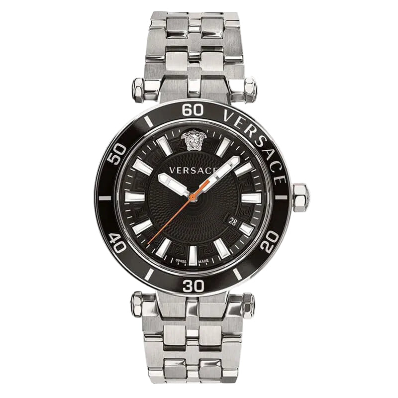 Versace Greca Sport watch front view with black dial and silver steel bracelet