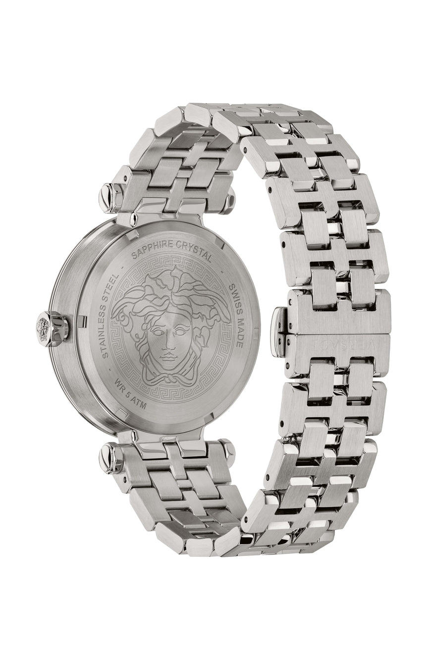 Caseback of Versace Greca Sport watch showing Medusa medallion and stainless steel bracelet