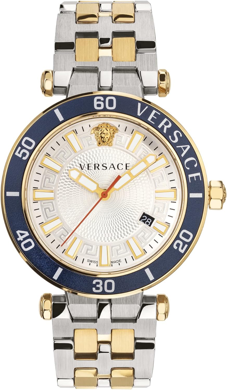 Versace Greca Sport two-tone watch with gold and silver bracelet, blue bezel, and white dial