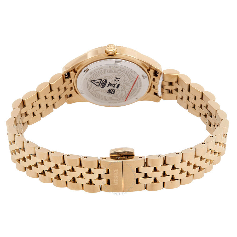 Caseback of Versace Greca Time Lady watch showing gold-tone case and bracelet