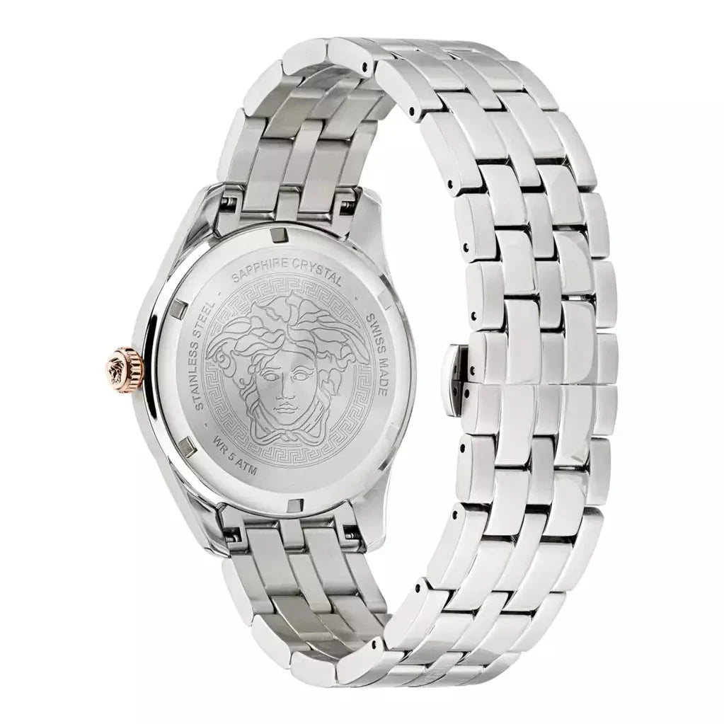Versace Greca Time watch caseback showing Medusa head engraving and stainless steel construction