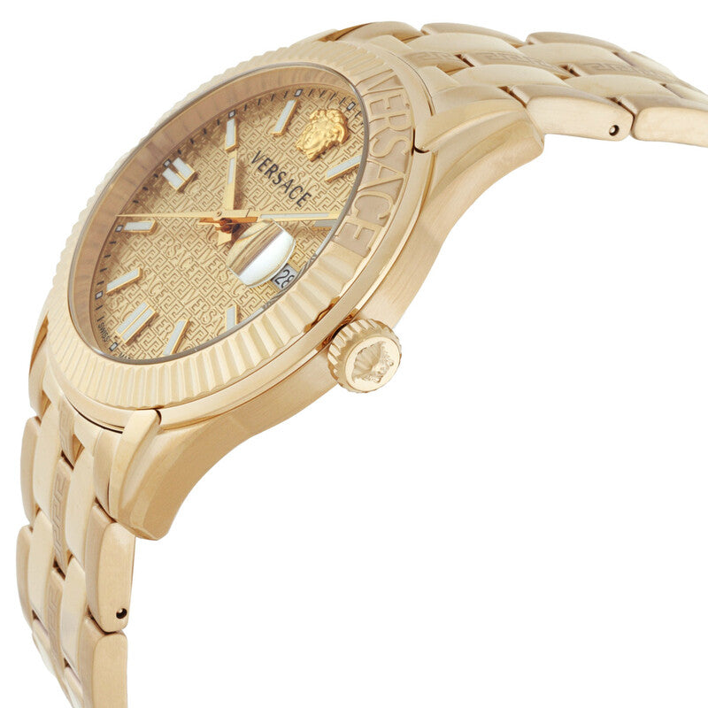 Side profile angle view of Versace Greca Time watch with gold steel strap and fluted bezel