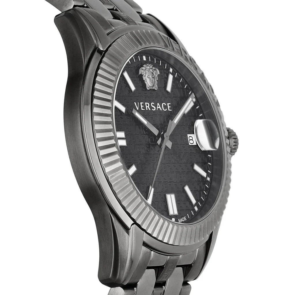Versace Greca Time watch side angle showing black dial and fluted bezel