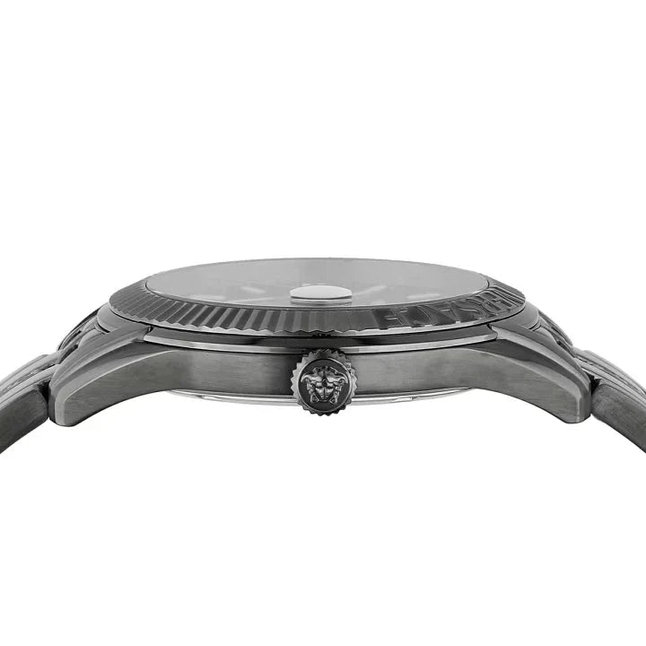 Versace Greca Time watch close-up showing engraved caseback detail