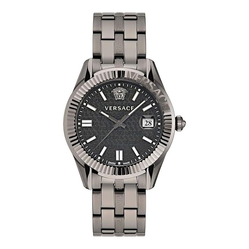 Versace Greca Time quartz men's watch with black dial and stainless steel bracelet