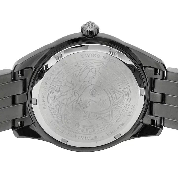 Versace Greca Time watch side profile with stainless steel bracelet