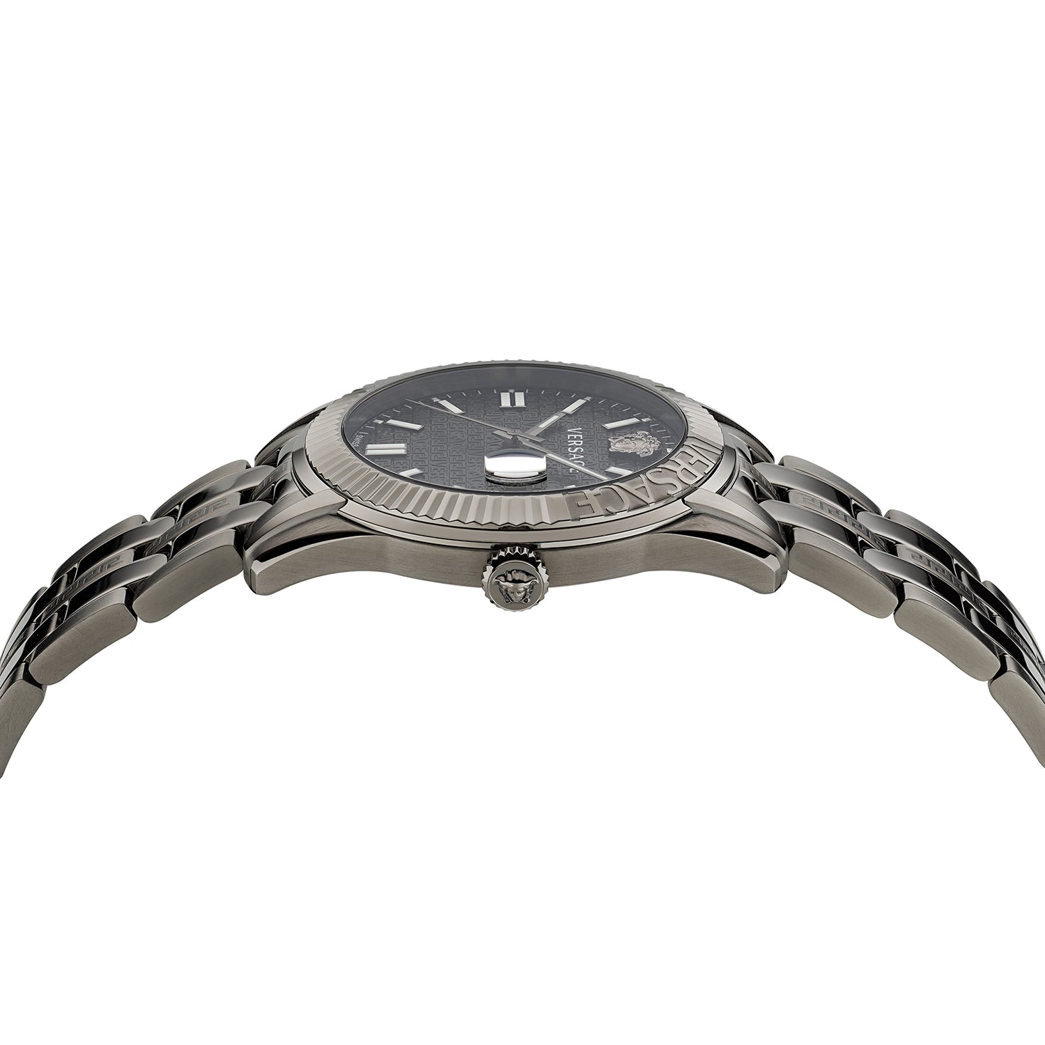 Versace Greca Time watch profile view showing case thickness and bracelet