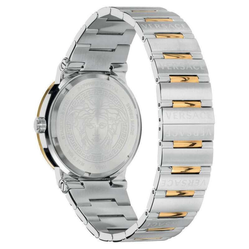 Side profile of Versace Greca watch showing two-tone bracelet and caseback with Medusa detail