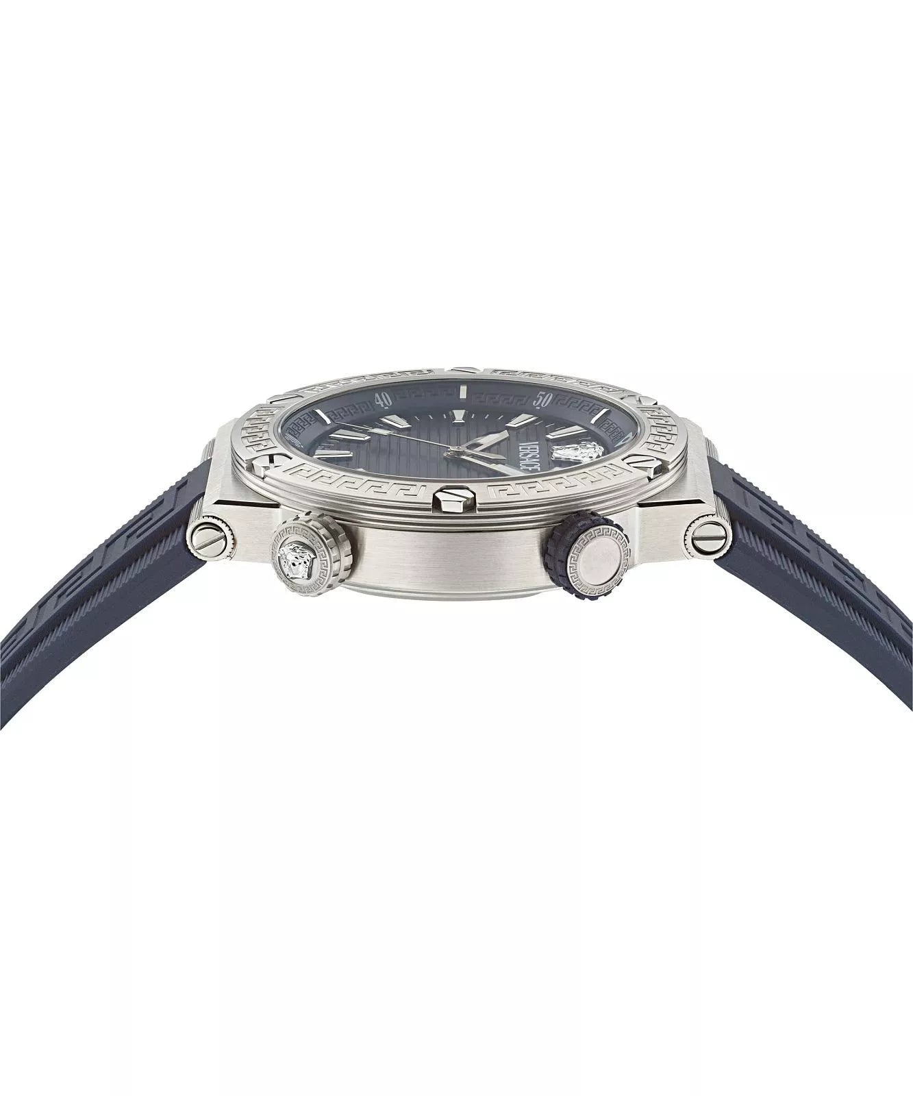 Side profile view of Versace Greca watch showing silver case and crown