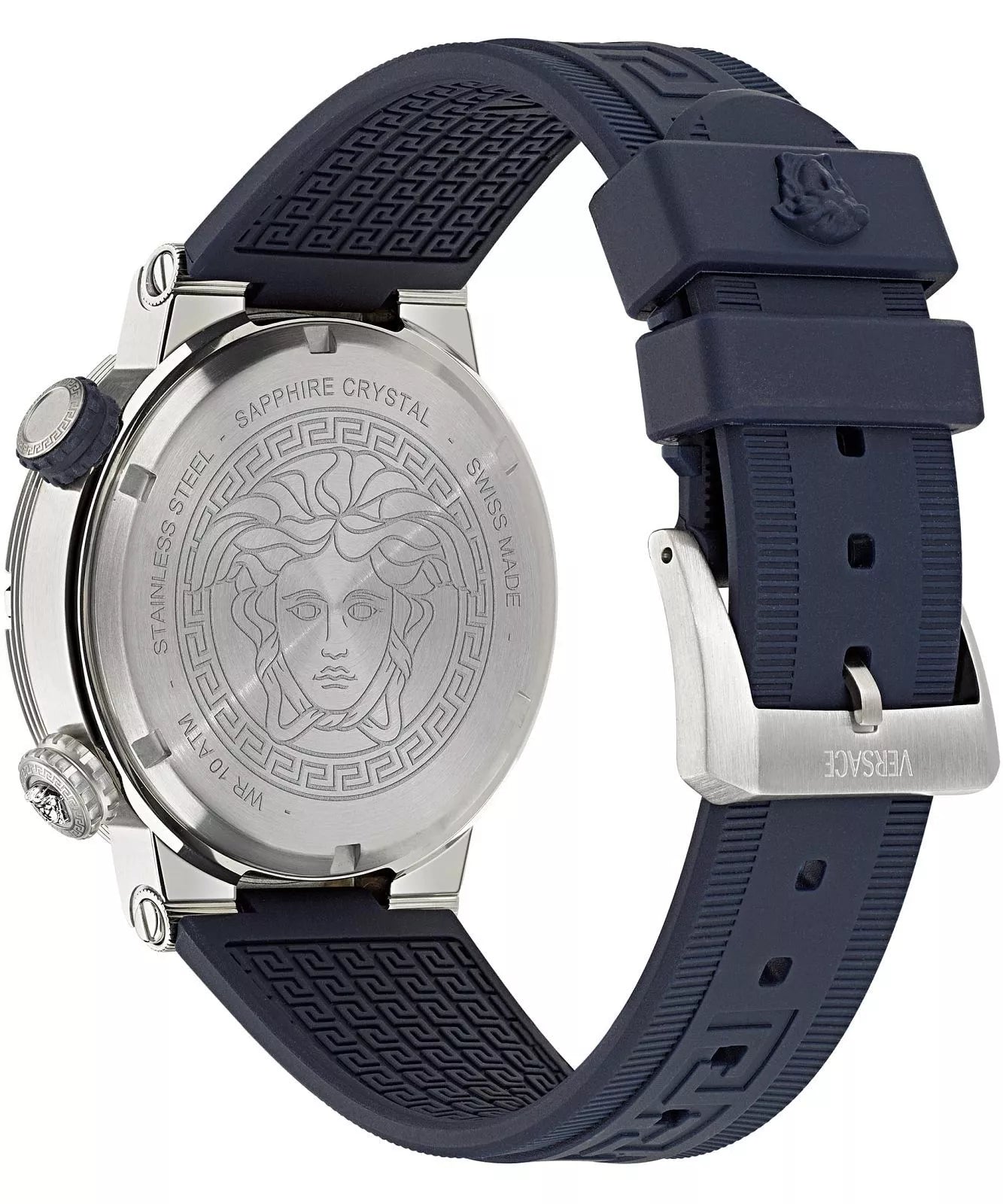 Caseback of Versace Greca watch showing engraved Medusa head and sapphire crystal text