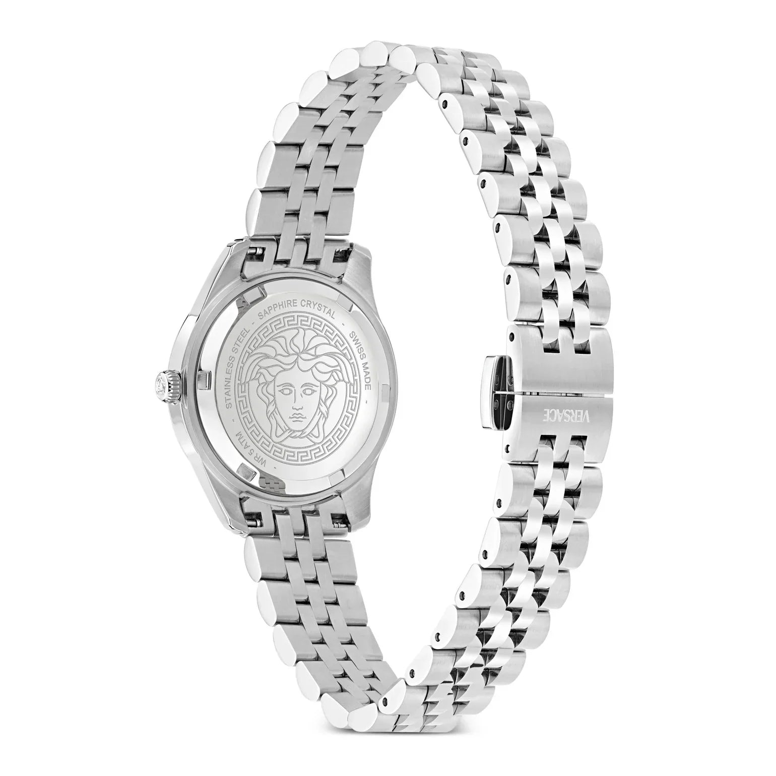 Caseback of Versace Greca watch showing Medusa medallion detail