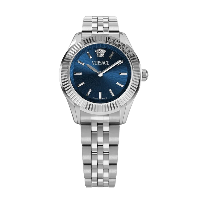Versace Greca watch showcasing blue sunburst dial and Medusa logo