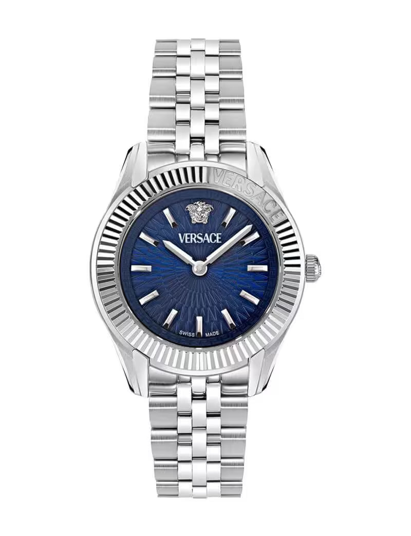 Versace Greca women's watch with blue dial and silver bracelet
