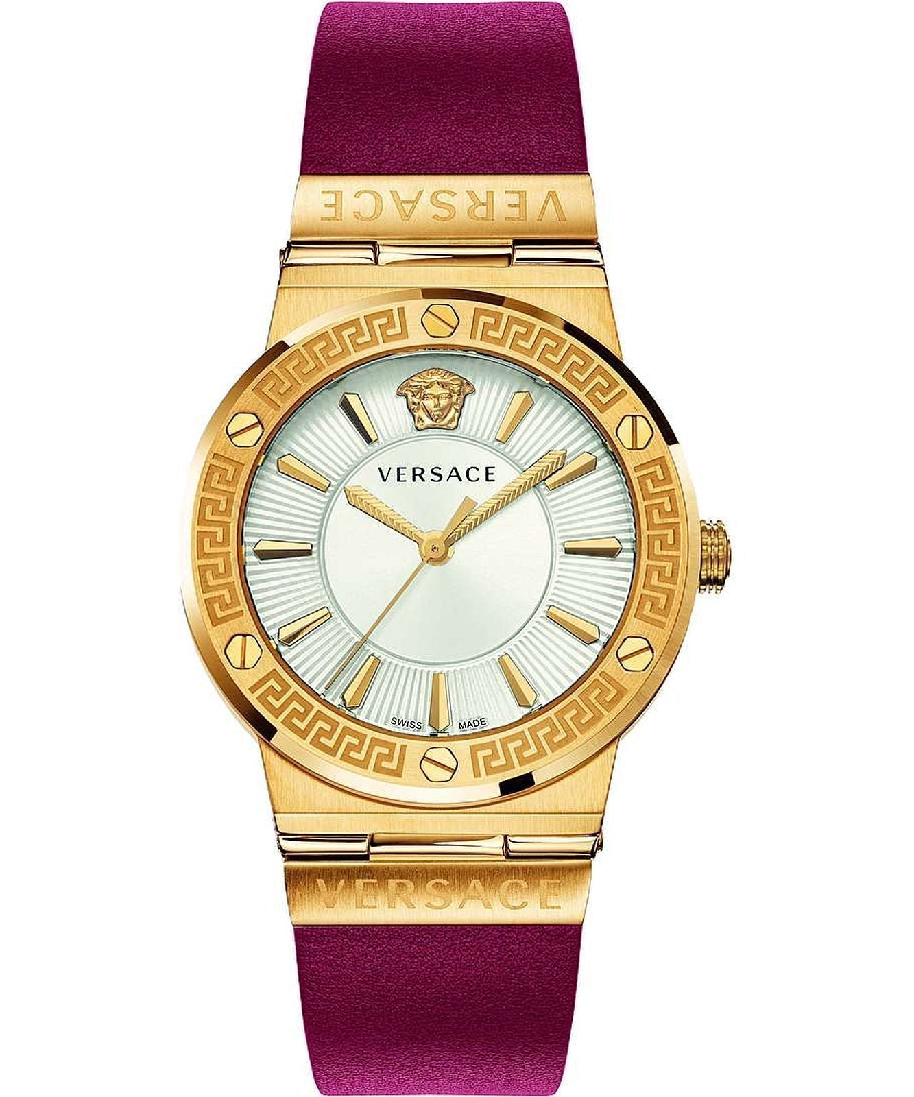 Versace Greca ladies watch with silver dial, gold-plated case, Medusa emblem, and burgundy strap