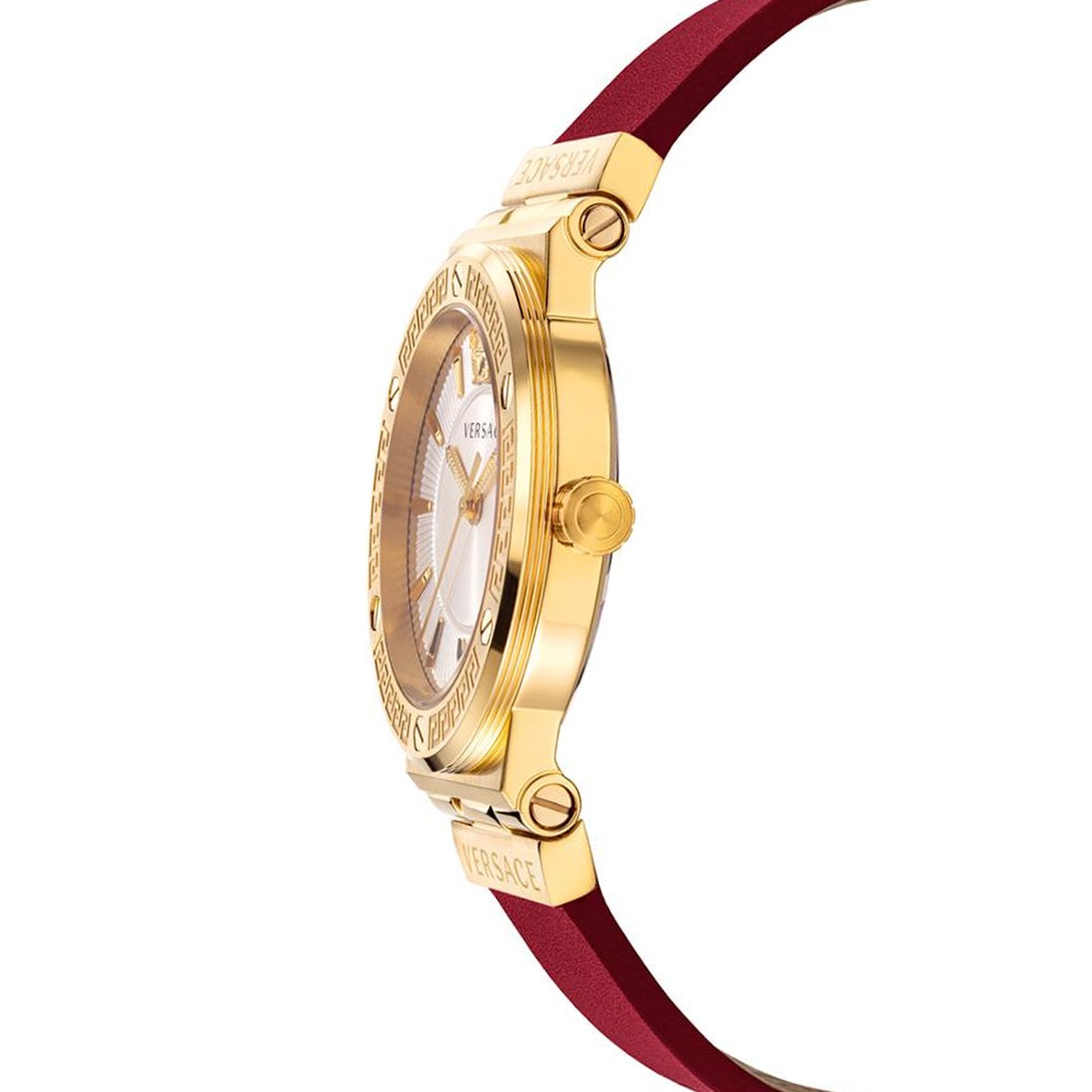 Side view of Versace Greca watch showing gold case profile and burgundy leather strap