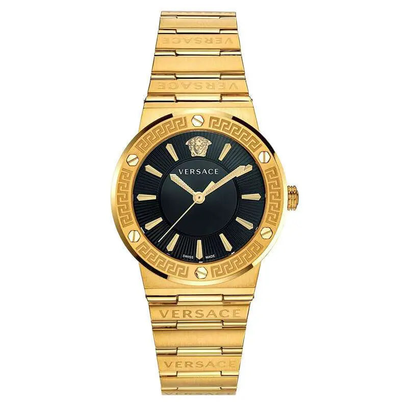 Versace Greca women's watch with black dial, gold steel case and bracelet, Medusa bezel