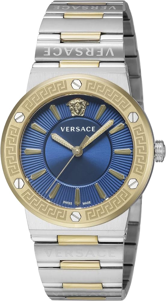 Versace Greca women's watch with blue dial, two-tone silver and gold case, and matching bracelet