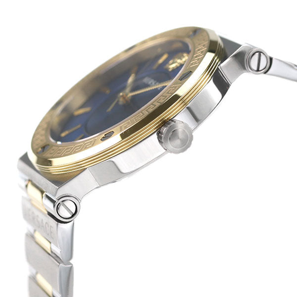 Side profile of Versace Greca watch displaying case thickness and two-tone bezel design