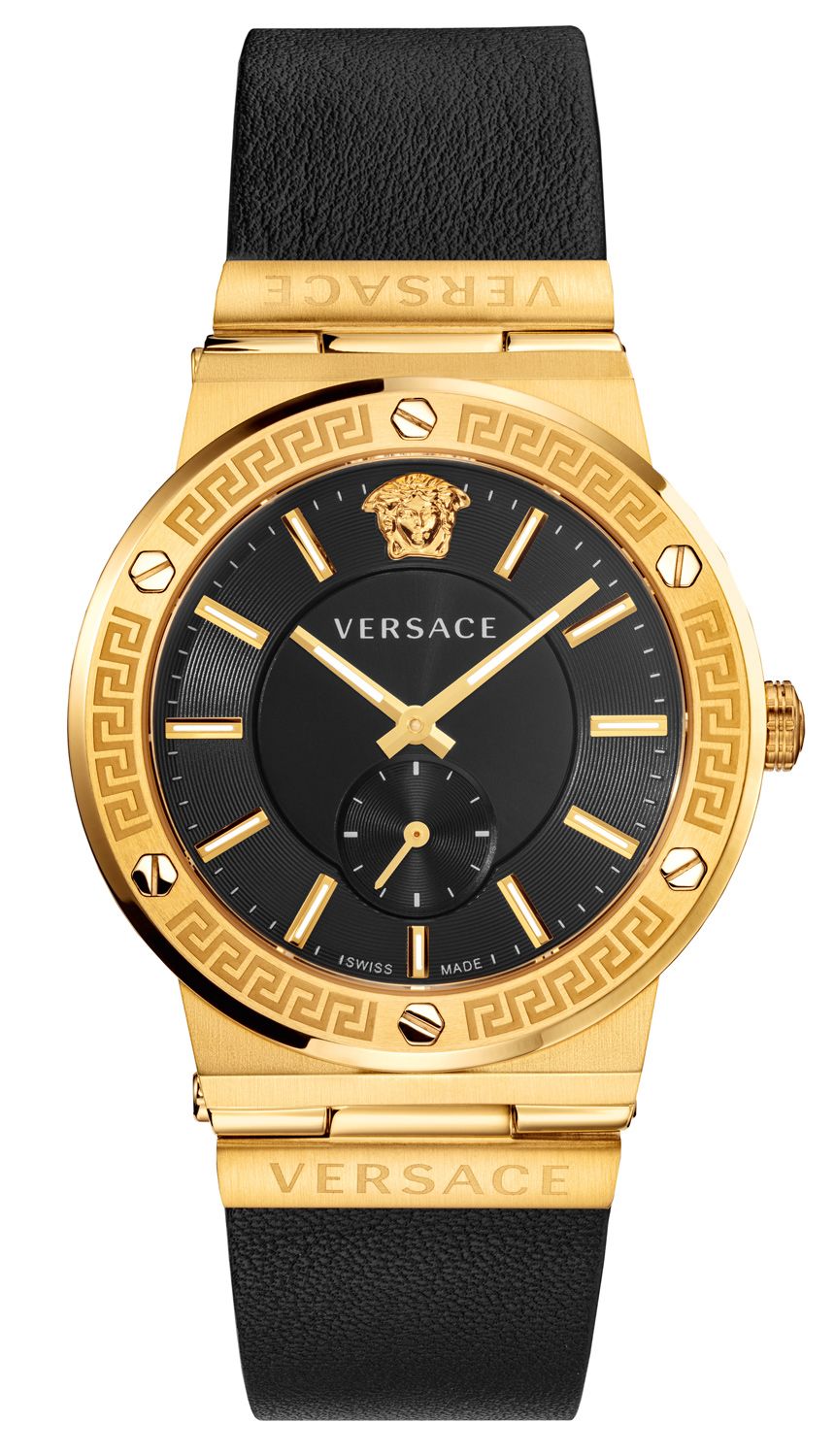 Versace Greca black leather men's watch with gold-tone case and Greca bezel design