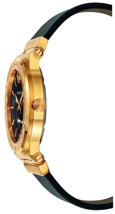 Side view of Versace Greca watch showing gold-tone case profile and black leather strap
