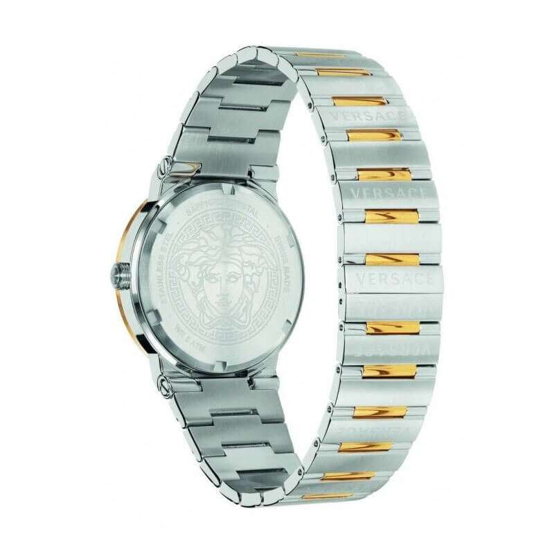Caseback of Versace Greca watch with Medusa head logo, two-tone silver and gold bracelet