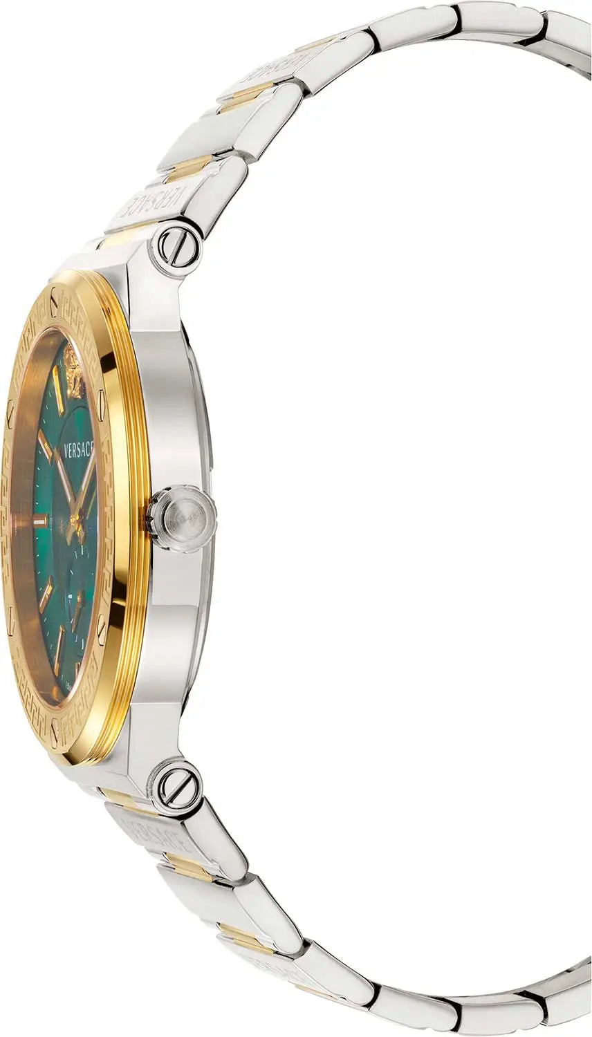 Side profile of Versace Greca watch showing gold bezel, silver and gold two-tone bracelet, and green dial