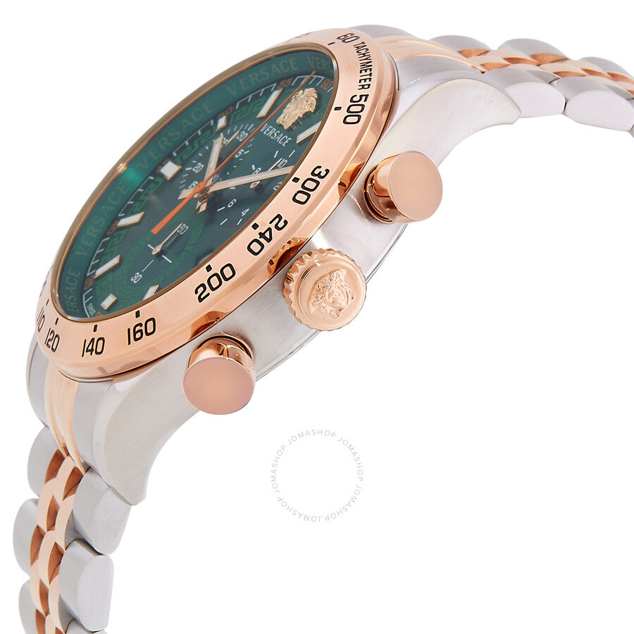 Side angle view of Versace Hellenyium chronograph watch with rose gold case and pushers