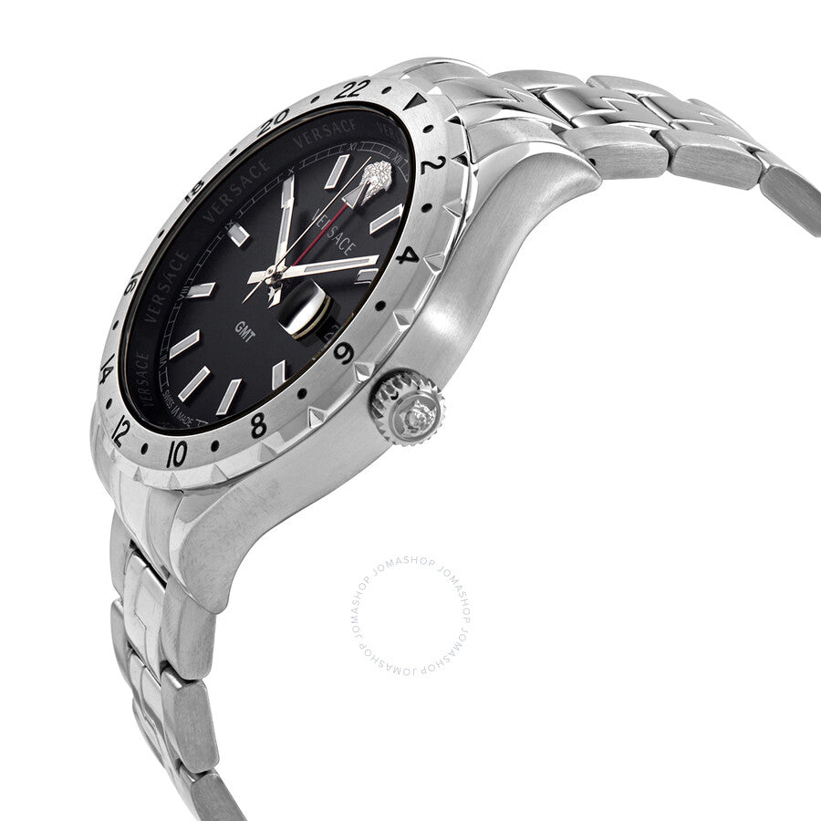 Versace Hellenyium GMT watch shown at angle displaying case profile and side view